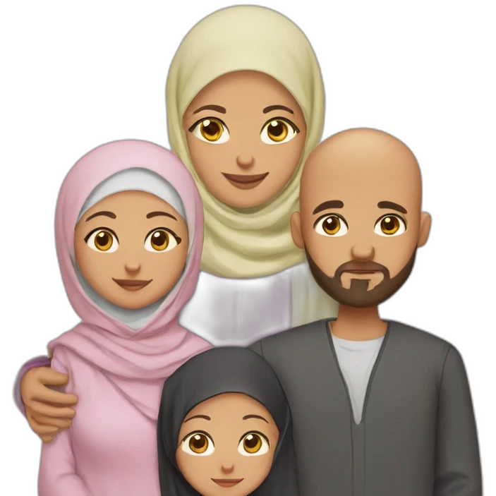 Muslim family with bearded and bald father , mother wearing hijab, two boys and a new born daughter emoji