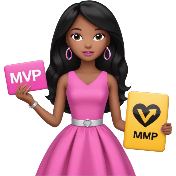 Black barbie, long black  hair, pink dress holding mvp sign  emoji