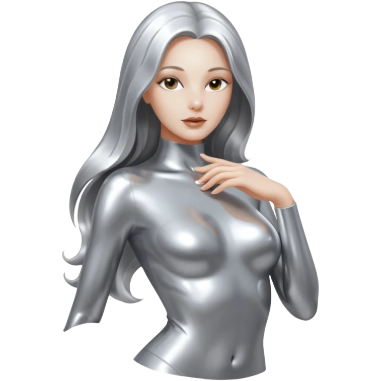 abstract sensual body silhouette, liquid silver chrome, smooth curves,chrome silver long hair, chrome metallic silver full face  and body, sensual poses emoji