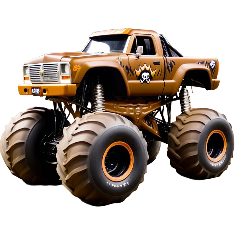 Monster Mutt - Monster Jam (Model Year: 2021) (Iconic colour: Brown with dog features) - A unique monster truck with playful, dog-inspired design cues. The vehicle is painted in warm brown tones and features subtle dog motifs (such as a stylized snout or ear shapes). It should blend the rugged power of a monster truck with quirky, endearing canine features. emoji