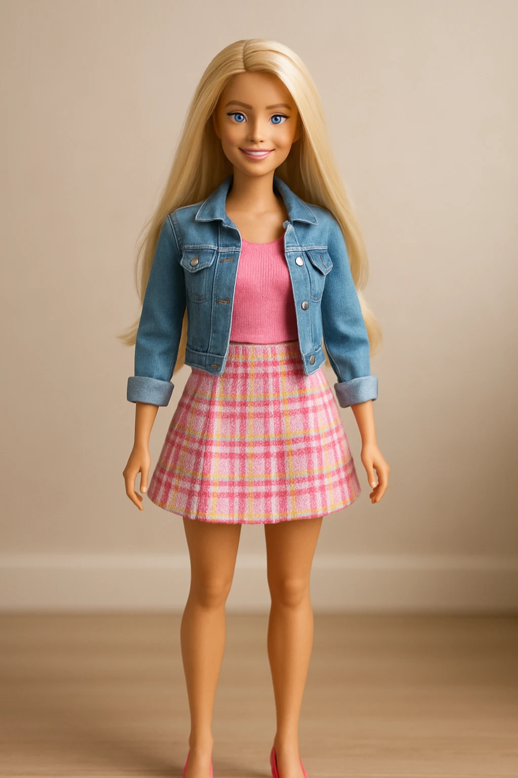 full body blonde-haired Barbie doll, stylish and cheerful, modern fashion, soft lighting emoji
