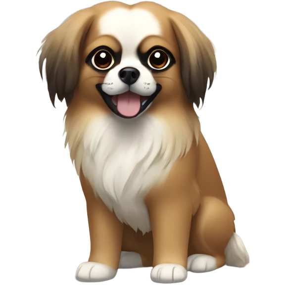 Tibetan Spaniel. It has a brown face, large black eyes, and its fur is white and fluffy. emoji