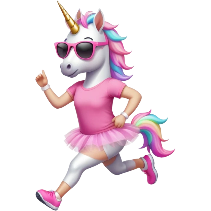 friendly anthropomorphised female unicorn in tutu and pink t-shirt, wearing dark sunglasses, jogging upright in standard pose emoji