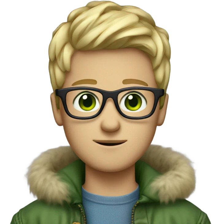 blonde medium length haired boy with green eyes , glasses , blue jean jacket with fur lining emoji