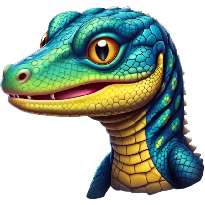 Cinematic Comical Monitor Lizard Portrait Emoji, Head tilted dramatically with an exaggeratedly shocked expression, featuring a robust, patterned body with wide, comically expressive eyes full of humorous disbelief, Simplified yet hilariously expressive features, highly detailed, glowing with a slightly sassy glow, high shine, dramatic yet playful, stylized with an air of quirky reptilian attitude, soft glowing outline, capturing the essence of a meme-worthy monitor lizard that looks ready to side-eye its way into viral fame! emoji