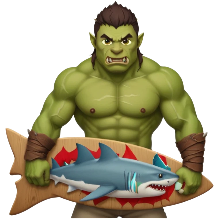 orc male holds a board with a shark painted vertically in his hands emoji