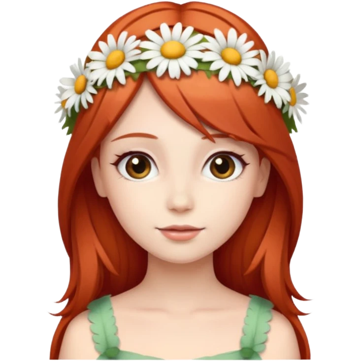 Cute and beautiful woman with straight red hair and a daisy flower crown. emoji
