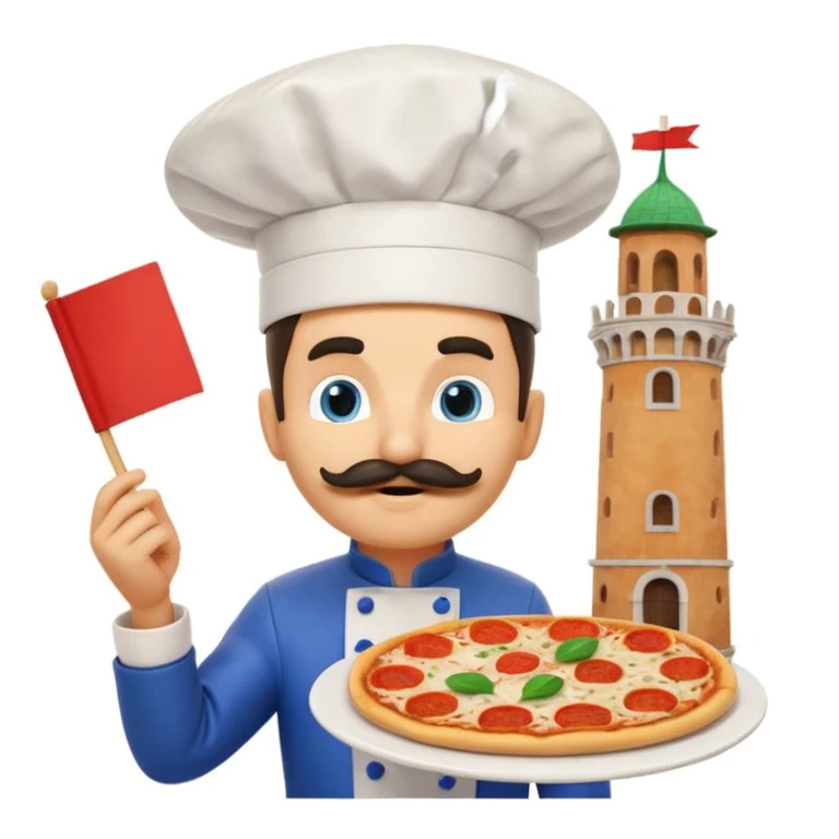 Surreal Sonic the Hedgehog as an Italian chef, chef’s hat, mustache, pizza and spaghetti, wild Italian-themed background with Pisa tower, flags, pasta, red-checkered patterns, vibrant and absurd, emoji style emoji