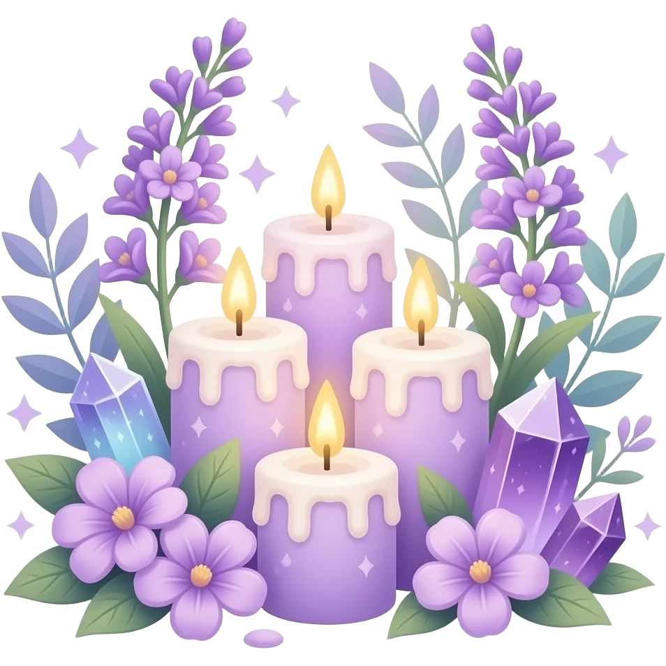 Aesthetic scenic romantic lavender lilac pastels beautiful gorgeous holy divine spiritual pretty elegant sparkly shiny scene of Candles, flowers, plants leaves, amethyst crystals, scenic aesthetic scenery Transparent background emoji