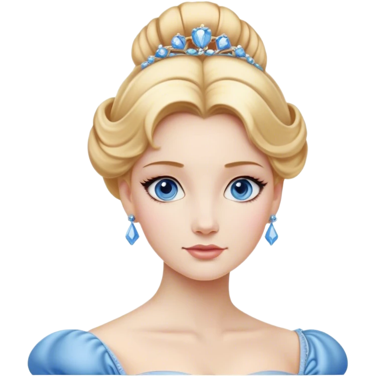 Cinematic Realistic Noble Cinderella Portrait, depicted with porcelain skin rendered in lifelike detail and soft, natural lighting that highlights every delicate nuance. Her intricately styled golden-blonde hair is arranged in an elegant updo, and her deep, expressive blue eyes radiate quiet determination. She wears her classic ball gown with rich fabric textures and delicate folds catching the light beautifully, all set against a subtly glowing, natural background that captures the essence of timeless royal grace. emoji