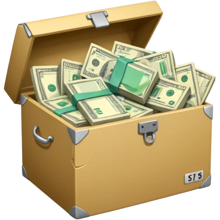 a bunch of preloved stuff in a box, with a small pile of cash notes on the side, indicating that this box is for sale emoji