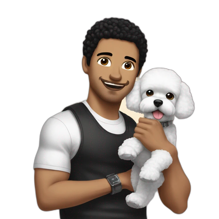 white man black hair,  rapper flexing with a bichon emoji