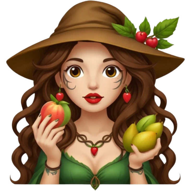 forest mage woman long wavy brown hair tattoos holding fruit near lips emoji