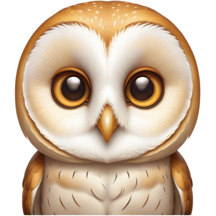 Cinematic Cute Barn Owl Portrait Emoji, Head tilted playfully and inquisitively, featuring a softly mottled Fur of white and brown with delicate feather patterns, round, sparkling amber eyes filled with curious wonder, Simplified yet irresistibly adorable features, highly detailed, glowing with a warm, friendly glow, high shine, affectionate and gentle, stylized with a touch of barnyard whimsy, bright and endearing, soft glowing outline, capturing the essence of a mischievous yet loving owl, so playful it feels like it could swoop out of the screen and into your arms! emoji