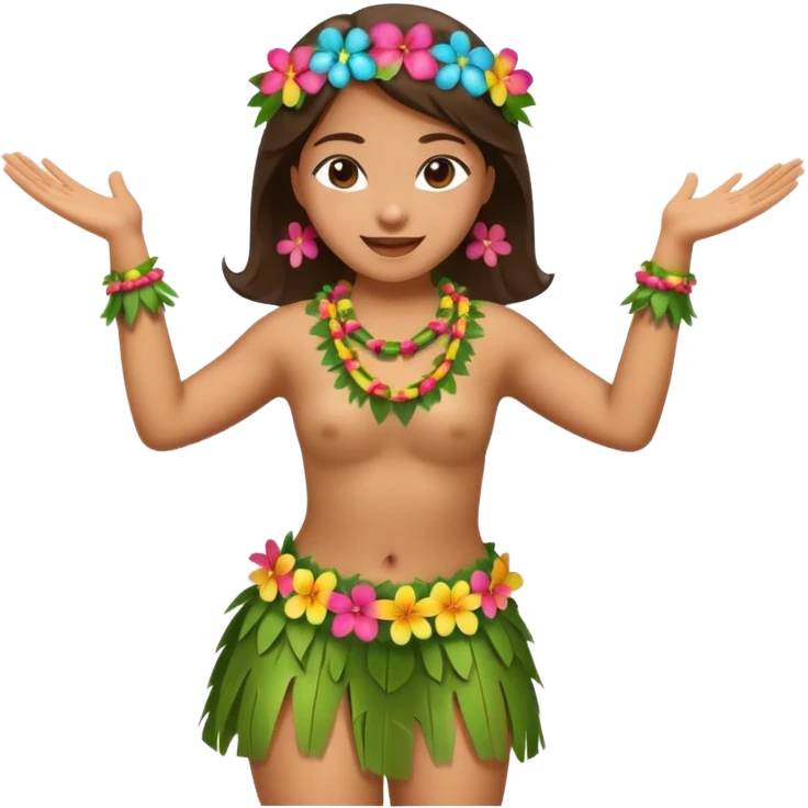 Hawaiian hula dancer wearing a grass skirt and flower lei, dancing with arms outstretched, classic emoji style emoji