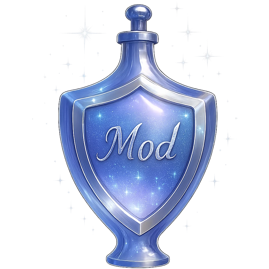 shield-shaped luxurious elixir bottle inspired by reference, color #7986cb, iridescent and silver details, very small neck, seamless bottom, floating with no base or shadow, modern collection style, extra intense magical glowing and sparkling effects, the word 'Mod' on the bottle, transparent background emoji
