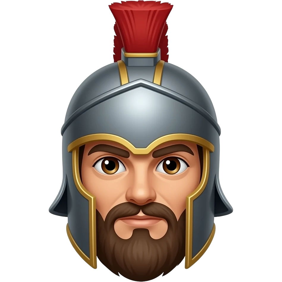 leonidas face with beard, brown eyes, wearing helmet facing, top hair on helmet red emoji