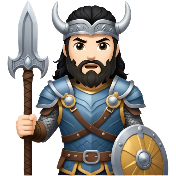 vikingo con armadura de Asgard, pelo negro ondulado, de pie, grito de guerra en torre de Asgard. emoji