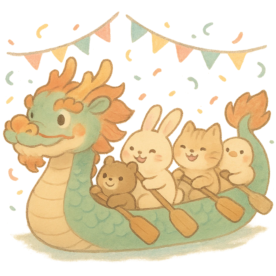 chubby dragon boat with cute animal rowers paddling joyfully, pastel tones, festive background, soft Ghibli style emoji
