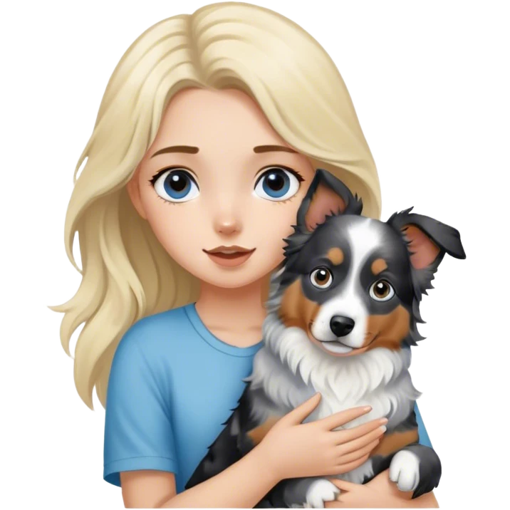 Blonde girl holding two australian shepherds (one black tri and one blue merle) emoji