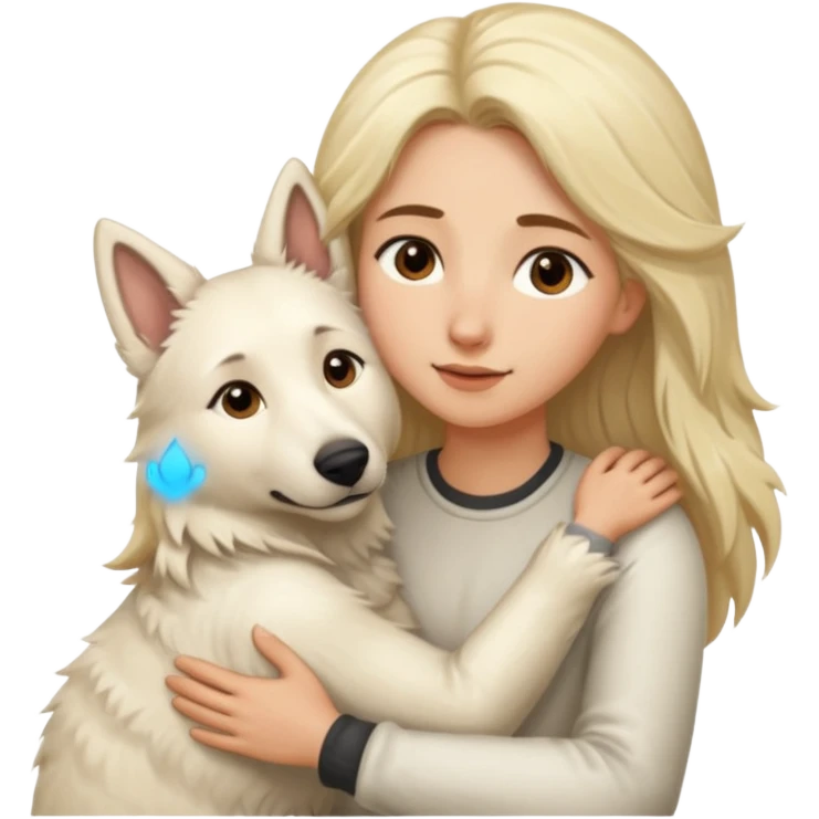 White Shepard short fur Brown eyes .the Dog ist huggin from a Long-haired blonde lady emoji