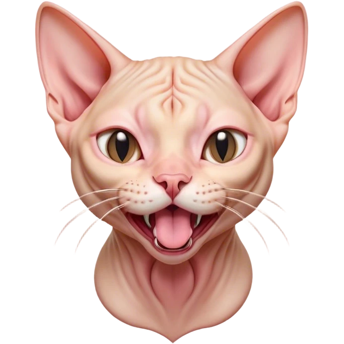 Cinematic Cute Yawning Sphynx Cat Portrait Emoji, Head tilted slightly with a dramatic, wide-open yawn, delicate, hairless skin in soft peach and pink tones, long, elegant limbs stretching lazily, piercing almond-shaped eyes that are barely open, Simplified yet irresistibly adorable features, highly detailed, glowing with a soft, cozy glow, high shine, relaxed yet expressive, stylized with a touch of whimsy, bright and endearing, soft glowing outline, capturing the essence of a sleepy yet affectionate kitty, so drowsy it feels like it could stretch right out of the screen and curl up for a nap! emoji