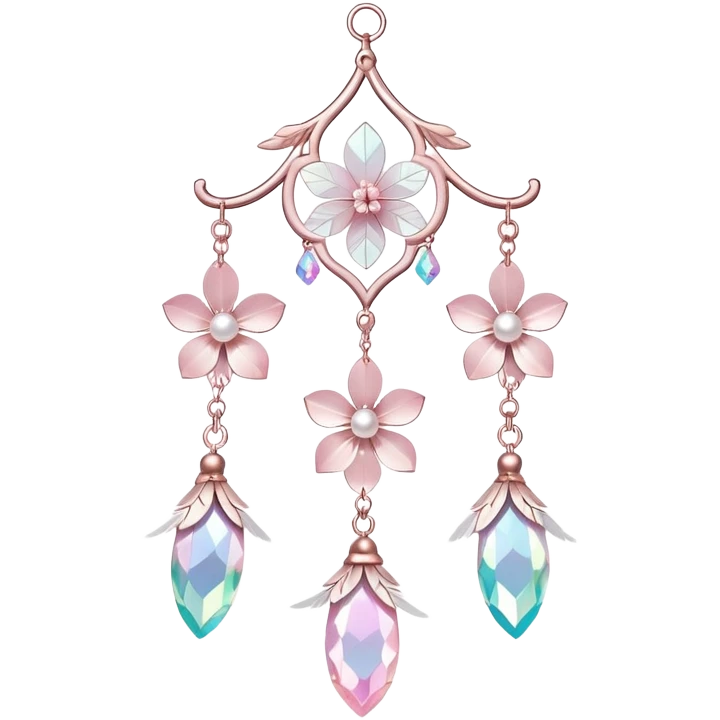 Hanging Iridescent pastel pink sakura crystals white-pearly suncatcher with bells and feathers emoji