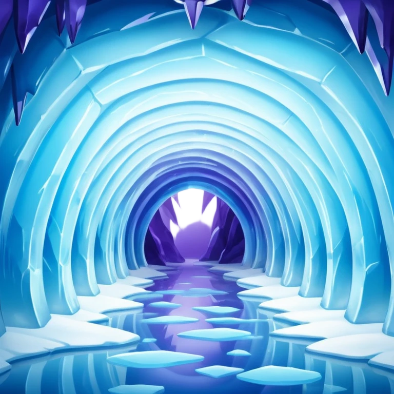 A breathtaking ice cave glowing with blue light, featuring smooth, curved walls made entirely of translucent ice. The interior reflects shimmering shades of blue and purple, with natural light filtering through the frozen surface. Realistic detail, cinematic lighting. emoji