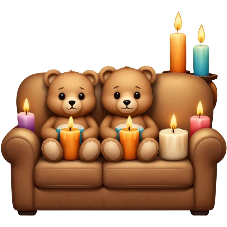 Two cozy teddy bears watching tv on couch with candles next to them emoji