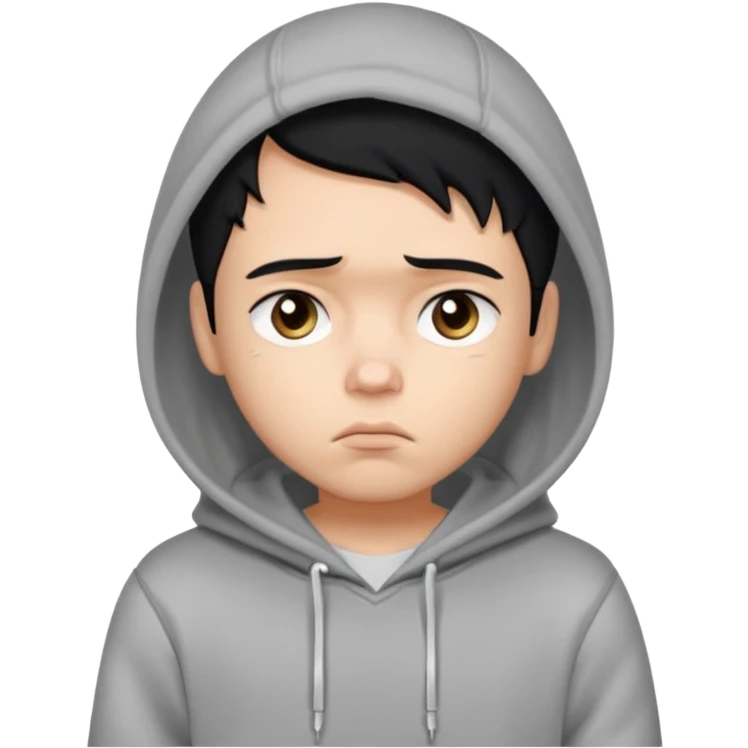 a pretty bratz boy with black hair and a grey hoodie looking sad emoji