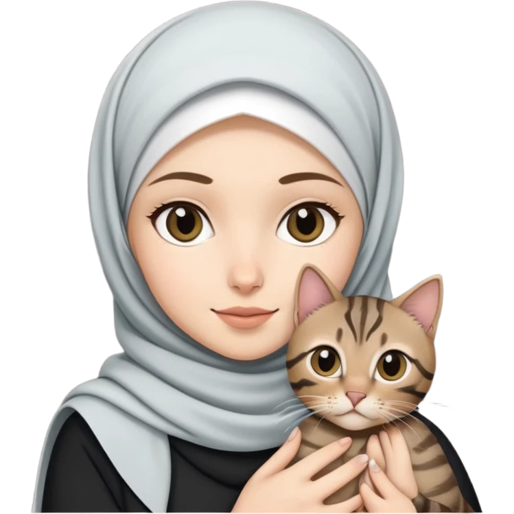 White girl wearing hijab holding a black tabby cat emoji