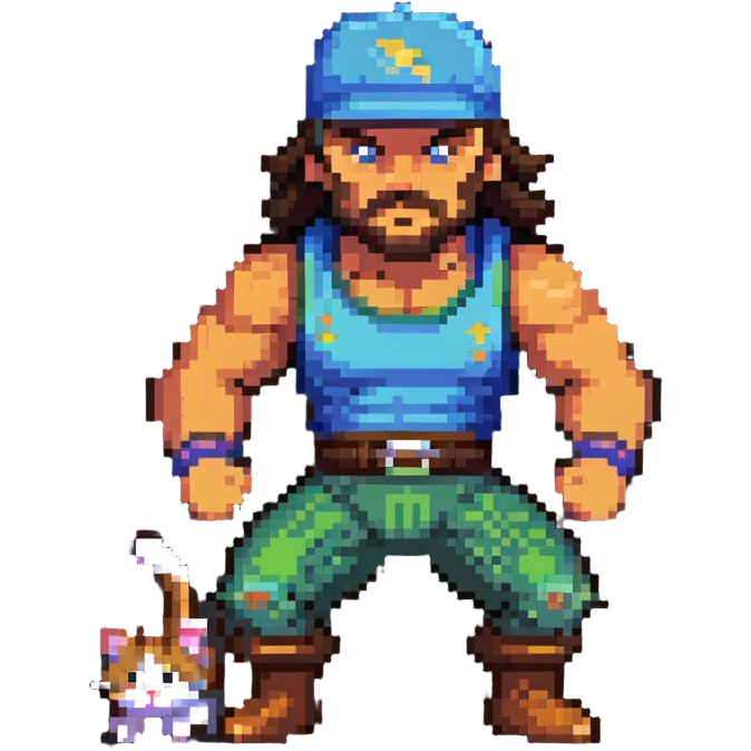 Razor Ramon from Sega WWF Mania video game defeating a cat wearing a cap, 16-bit style emoji