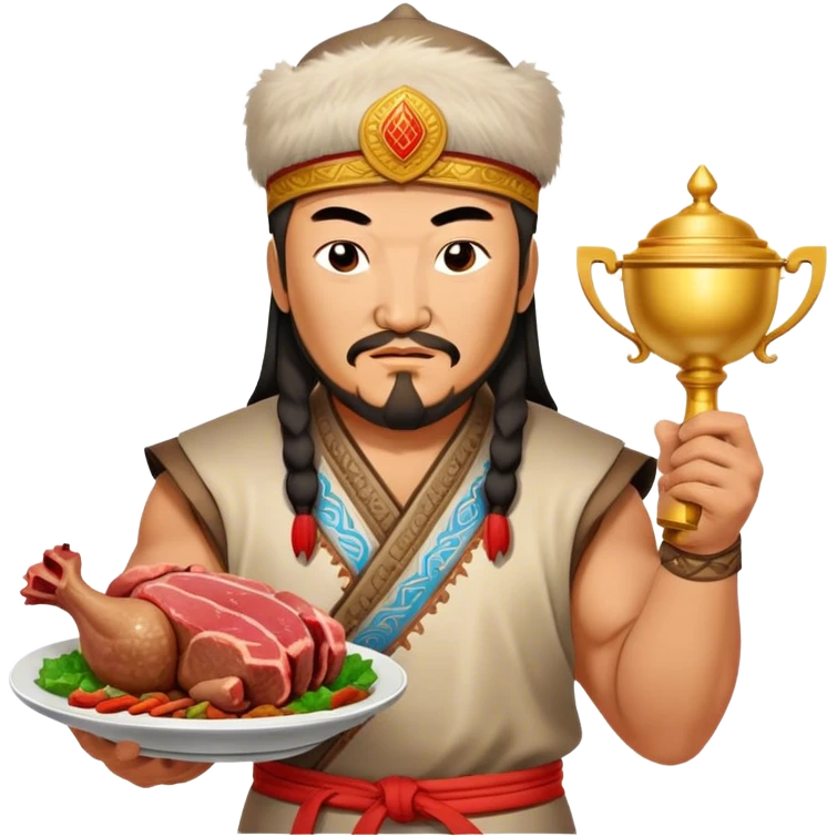 genghis khan holds a trophy on his left hand and holds cooked meat on a dish on his right hand. emoji