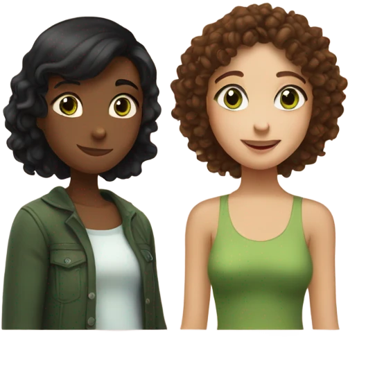 two hugging friends. one has black straight hair, the other has brown and curly hair, green eyes. Their names are Alisa and Alina emoji