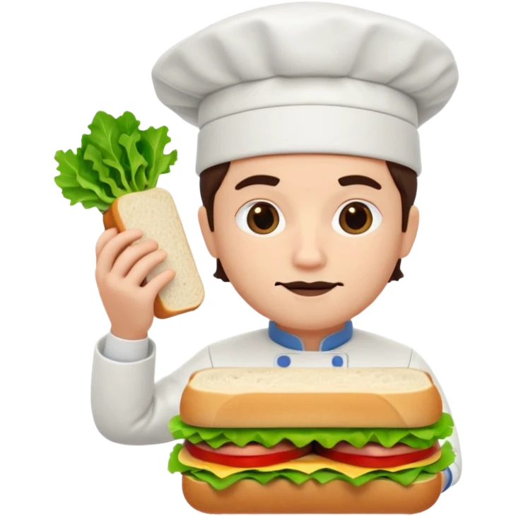 A 3D cartoon chef assembling a fresh sandwich with lettuce and meat, clean kitchen background, Memoji-style. emoji