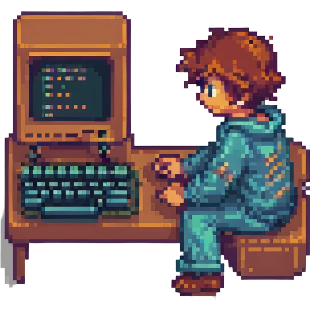 programmer, pixel art style, 8-bit, retro computer, coding on screen emoji