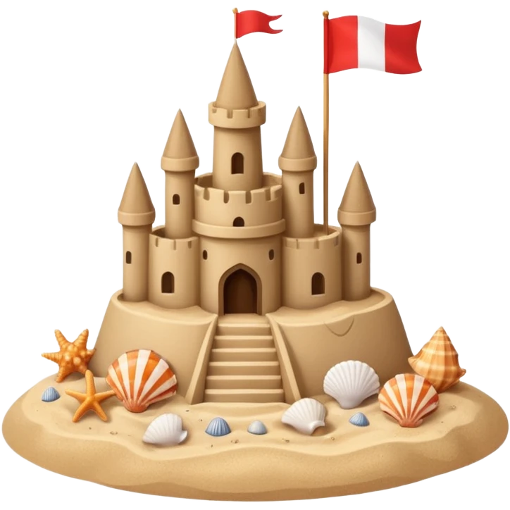 Decorated sand castle – seashells and a tiny flag on top emoji
