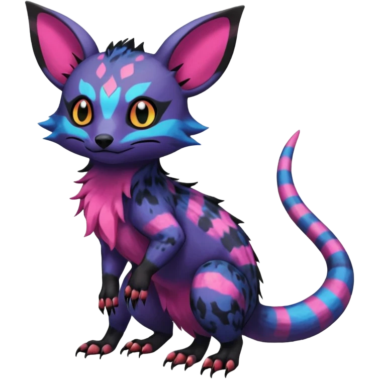 Rare exotic cute epic aesthetic gothic colorful Salandit-Noibat-Eevee-Civet-species-Fakemon-hybrid-creature, with markings, full body emoji