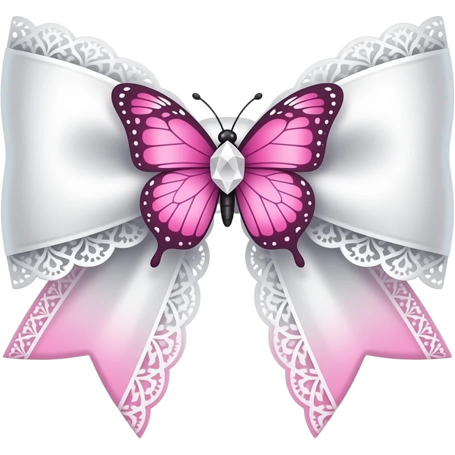 3D emoji gothic bow, white velvet, subtle gradient white filigree, subtle gradient pink lace trim, white gem, elegant vibrant glass butterfly subtle pink emoji
