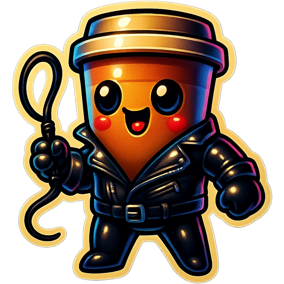 Tall coffee cup, dressed in leather holding a whip emoji