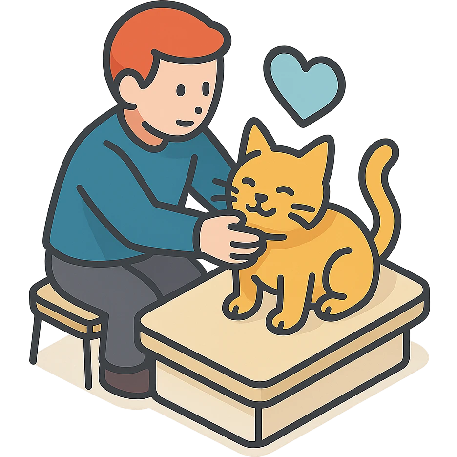 мужчина проверяет кошку, чтобы она была здорова и счастлива emoji