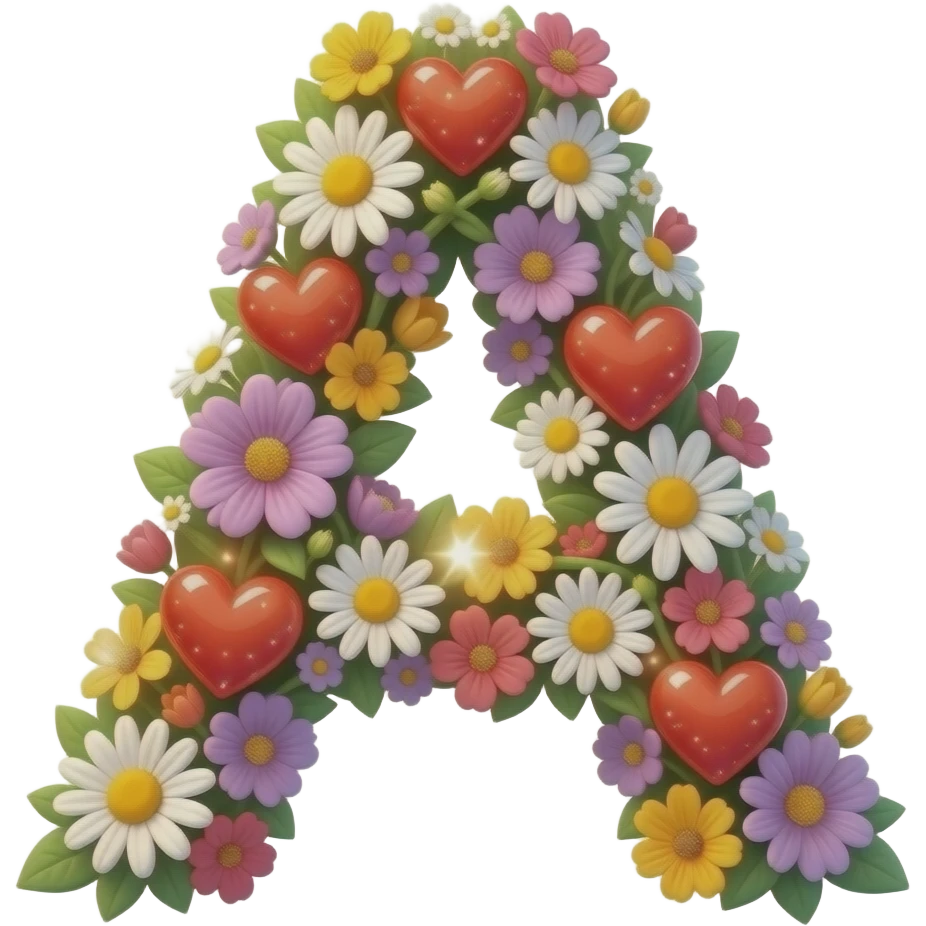 3D letter 'A' made of entwined colorful flowers and delicate white daisies. Softly glowing, ruby-red hearts are tucked between the petals. The entire letter emits a warm, ethereal many heart aura with sparkling light spots. High-gloss finish, centered on a white background emoji