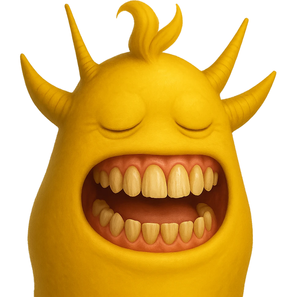 yellow alien-like character named Sprunki, two spiky horns on both sides of its head, two straight antennae, swept-up tuft of hair on top, noticeable shading and darkening of color mostly on top of head, no outlines, eyes closed replaced by shallow depressions with wrinkled lines, enlarged mouth with elongated realistic teeth and exposed gums, no visible injuries emoji