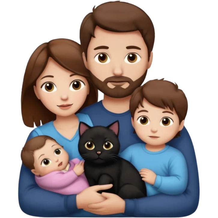 1 mom brown hair, 1 dad, 1 baby and 1 black cat emoji