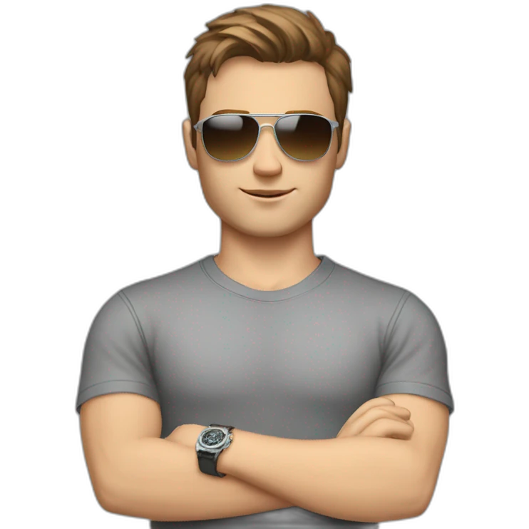 young white male with brown hair and brown eyes, wearing grey T-shirt, having pilot sunglasses, while having crossed arms and having silver rolex on whrist emoji