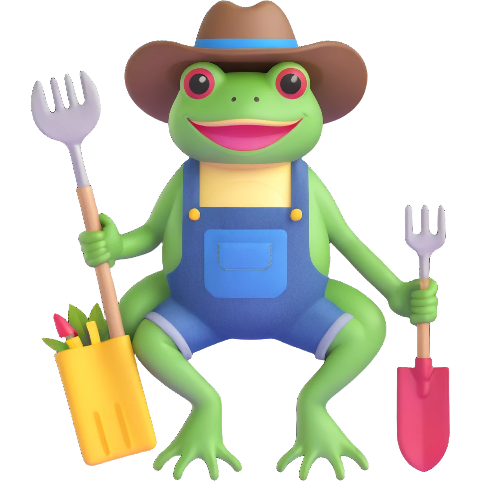frog with cowboy hat, denim overalls, and gardening tools emoji