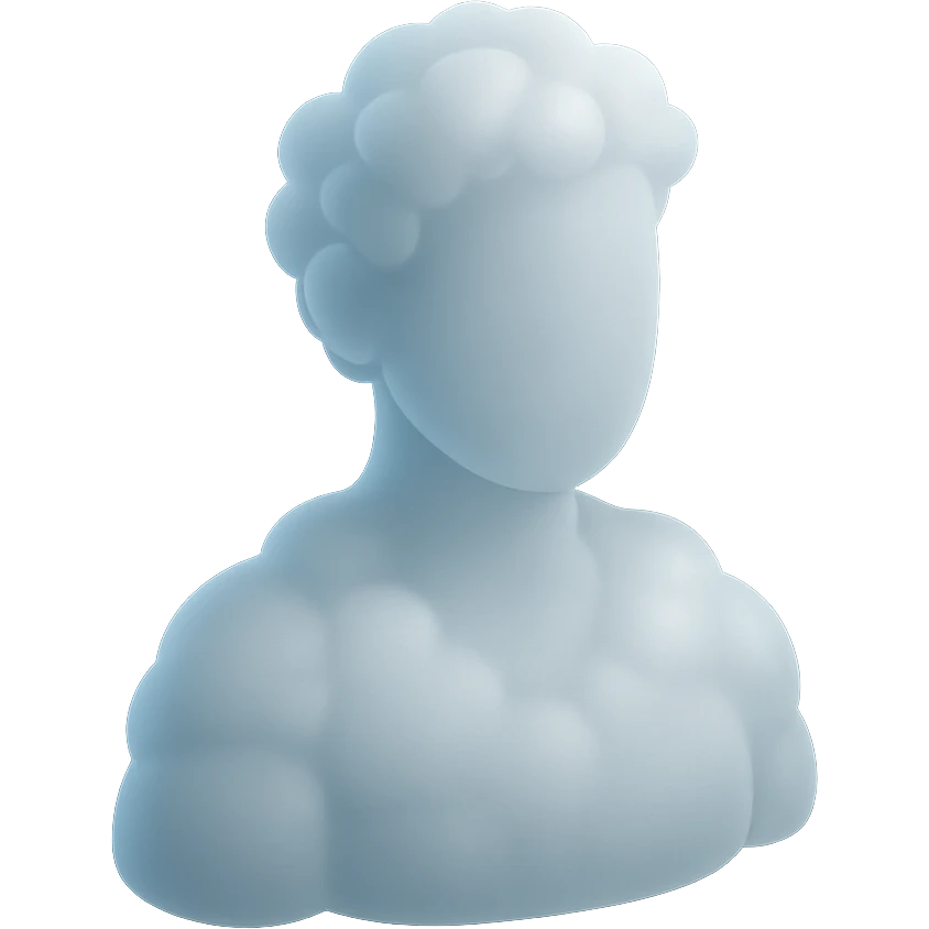person made entirely of white fluffy clouds, shoulder up, front view, matte glass style emoji
