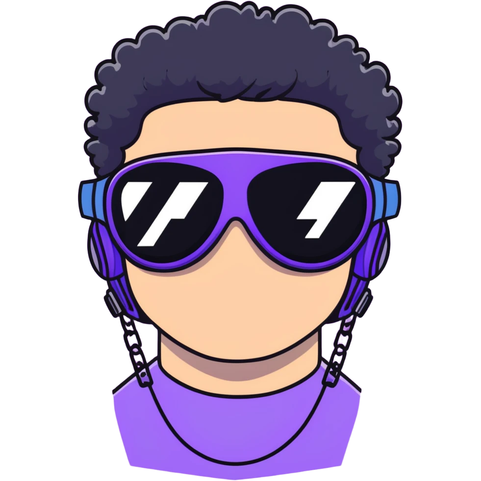 shirtless male athlete with white skin and moderately curly black hair on top with shaved sides, wearing ski goggles with purple frames/outline and very dark heavily tinted black lenses that completely hide the eyes, and a simple plain black chain necklace, no earrings emoji