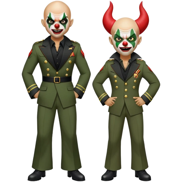 evil clown, bald, small black satan horns on forehead, fangs, pointed ears, eye patch over one eye, black and military green leisure suit with bellbottom pants, realistically proportioned, less bulky, full body, battle-ready fighting posture emoji