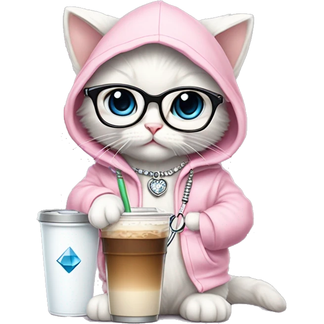 White rag doll kitten wearing a fancy light pink hoodie and a diamond filled stethoscope necklace and wearing clear glasses and holding iced coffee  emoji